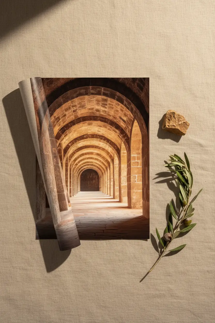 Le Cloître — Affiche murale minimaliste brun ocre arches pierre de taille perspective — affiche murale minimaliste | Cassili-home