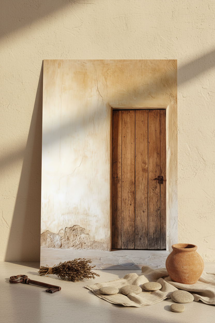 The Andalusian Door poster resting on the floor against a cream wall — warm wood door and cracked plaster
