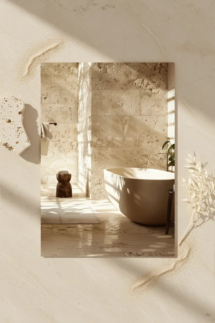 La Salle de Travertin — Affiche murale minimaliste salle de bain travertin brut baignoire îlot lumière architecture, affiche murale minimaliste avec cadre bois, décoration murale salon ou chambre, style méditerranéen