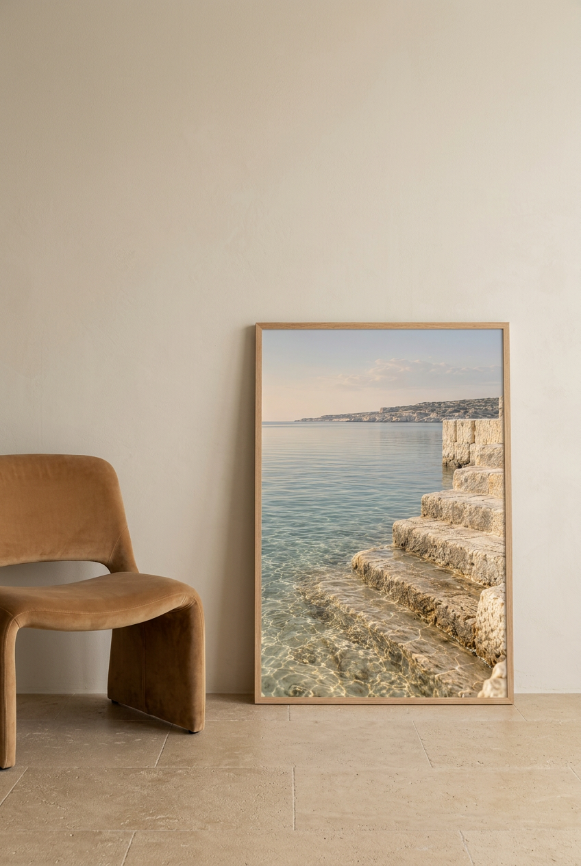 Steps into the Water — poster in an oak frame leaning against the wall
