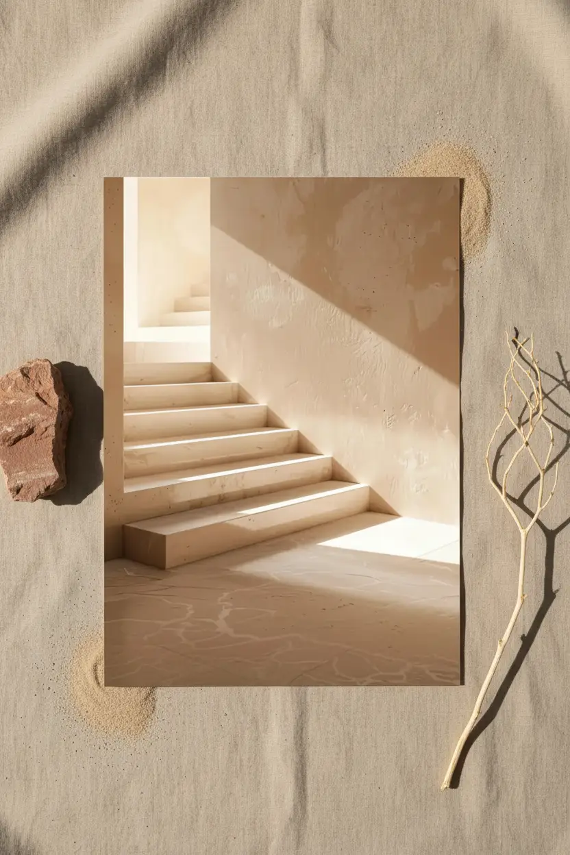 L’Escalier de Sable — Affiche murale minimaliste escalier enduit sable lumière triangle ombres architecture, affiche murale minimaliste avec cadre bois, décoration murale salon ou chambre, style méditerranéen