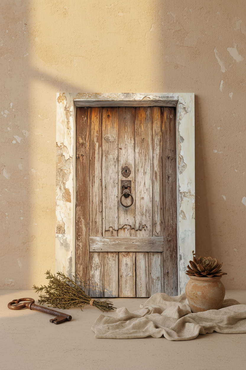 The Door of Time poster resting on the floor against a cream wall — weathered wood door on cracked limestone