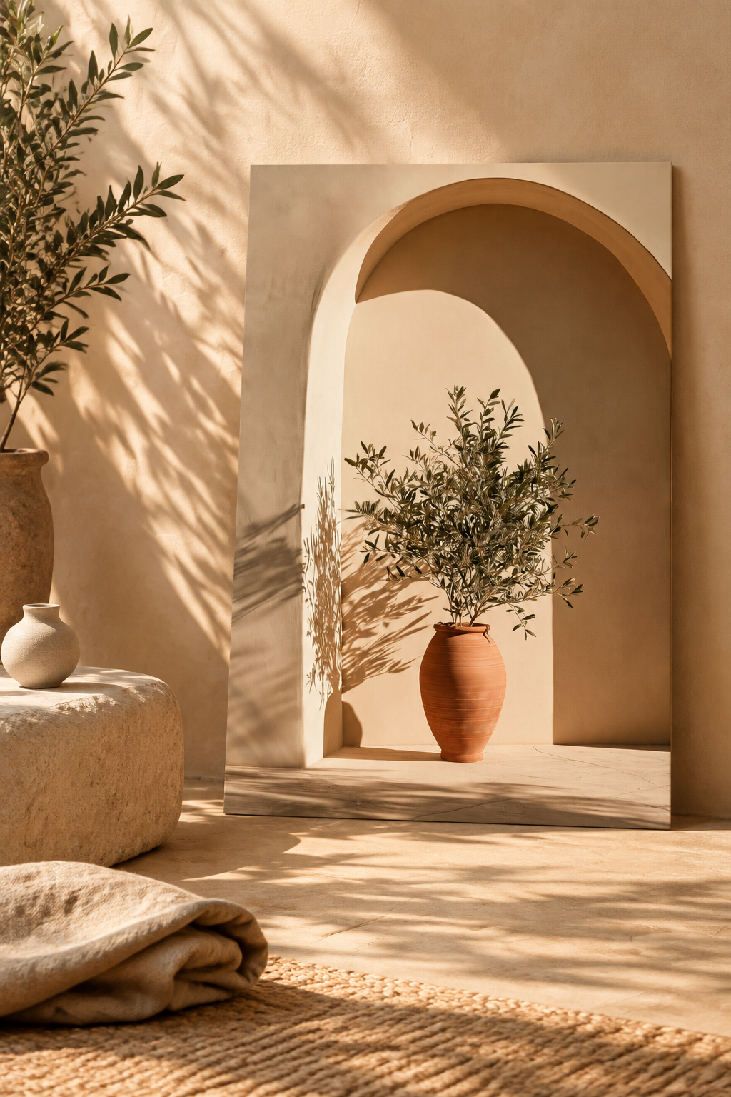 Poster The Rest Beneath the Arch — plaster arch and terracotta jar with an olive branch, in large format, leaning against a wall