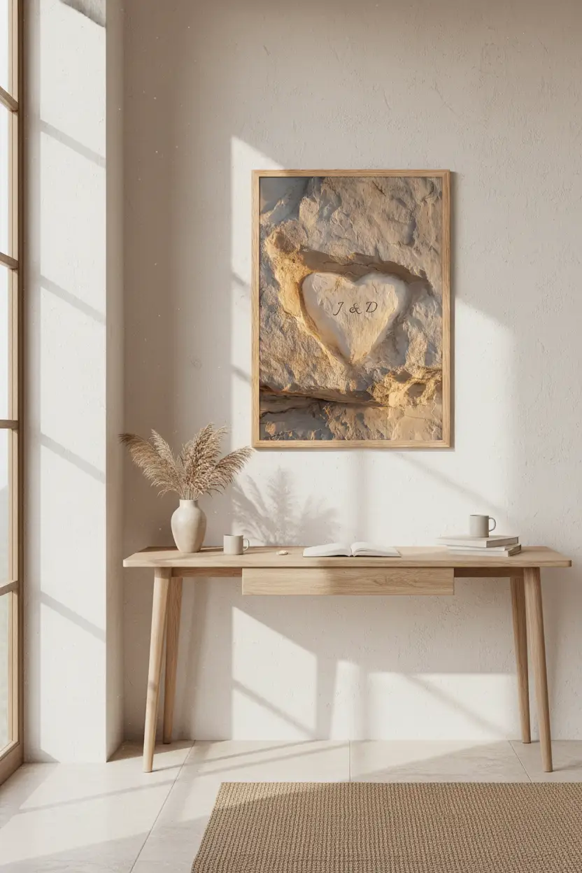 Le Cœur dans la Roche — Affiche murale personnalisable pierre méditerranéenne, affiche murale minimaliste avec cadre bois, décoration murale salon ou chambre, style méditerranéen