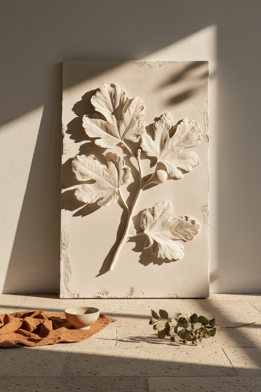 Affiche Le Relief du Figuier posée au sol contre un mur de plâtre, galets et lin — bas-relief de figuier sculpté dans une plaque de plâtre ivoire