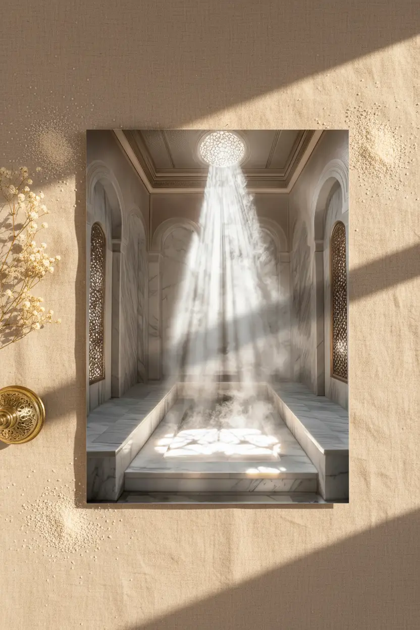 Das Hamam — Orientalisches Licht, minimalistisches Wandbild in Weiß und Gold