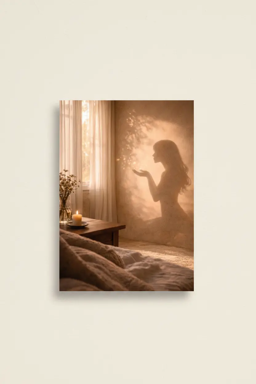 L’Envol — Affiche murale minimaliste silhouette féminine lumière dorée, affiche murale minimaliste avec cadre bois, décoration murale salon ou chambre, style méditerranéen