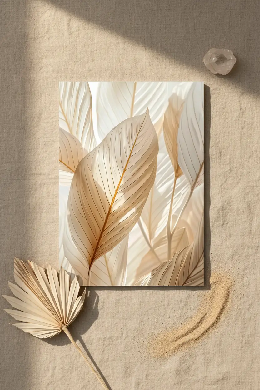 Le Velours Végétal — Affiche murale minimaliste sable ivoire feuilles nervures dorées, affiche murale minimaliste avec cadre bois, décoration murale salon ou chambre, style méditerranéen
