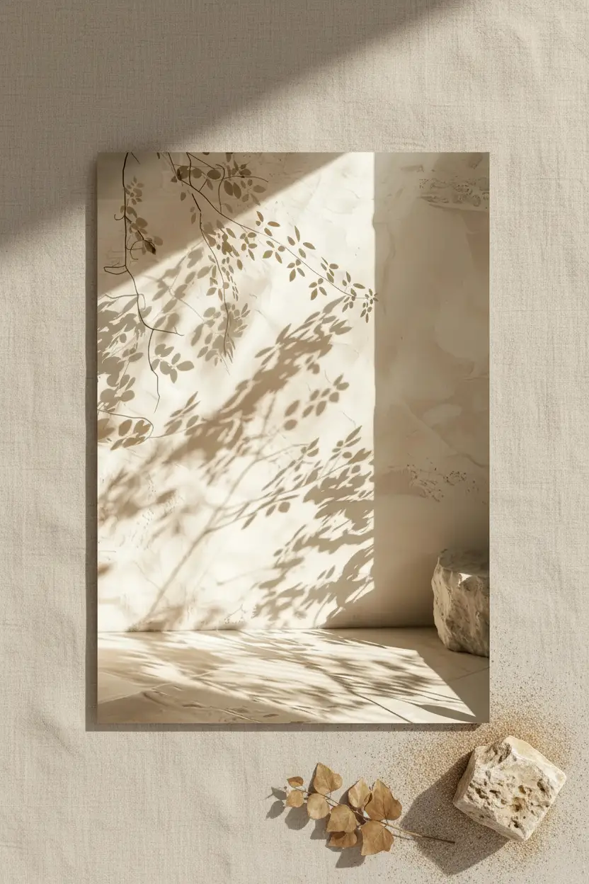 Le Coin du Lierre — Affiche murale minimaliste ombres feuillage lierre enduit ivoire lumière diagonale végétal, affiche murale minimaliste avec cadre bois, décoration murale salon ou chambre, style méditerranéen