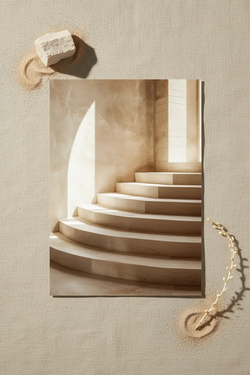 L’Escalier Courbe — Affiche murale minimaliste escalier semi-circulaire calcaire ivoire arc lumière architecture, affiche murale minimaliste avec cadre bois, décoration murale salon ou chambre, style méditerranéen
