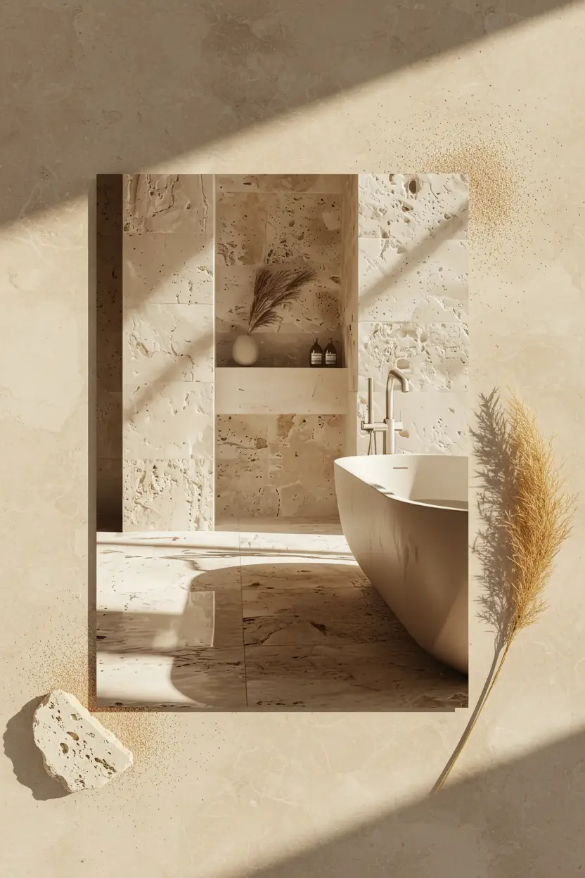 La Niche de Travertin — Affiche murale minimaliste salle de bain travertin brut niche pampa baignoire îlot lumière, affiche murale minimaliste avec cadre bois, décoration murale salon ou chambre, style méditerranéen