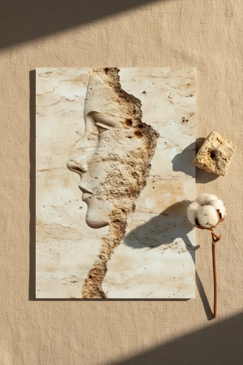 La Strate — Affiche murale minimaliste beige ivoire visage profil pierre travertin abstrait — affiche murale minimaliste | Cassili-home