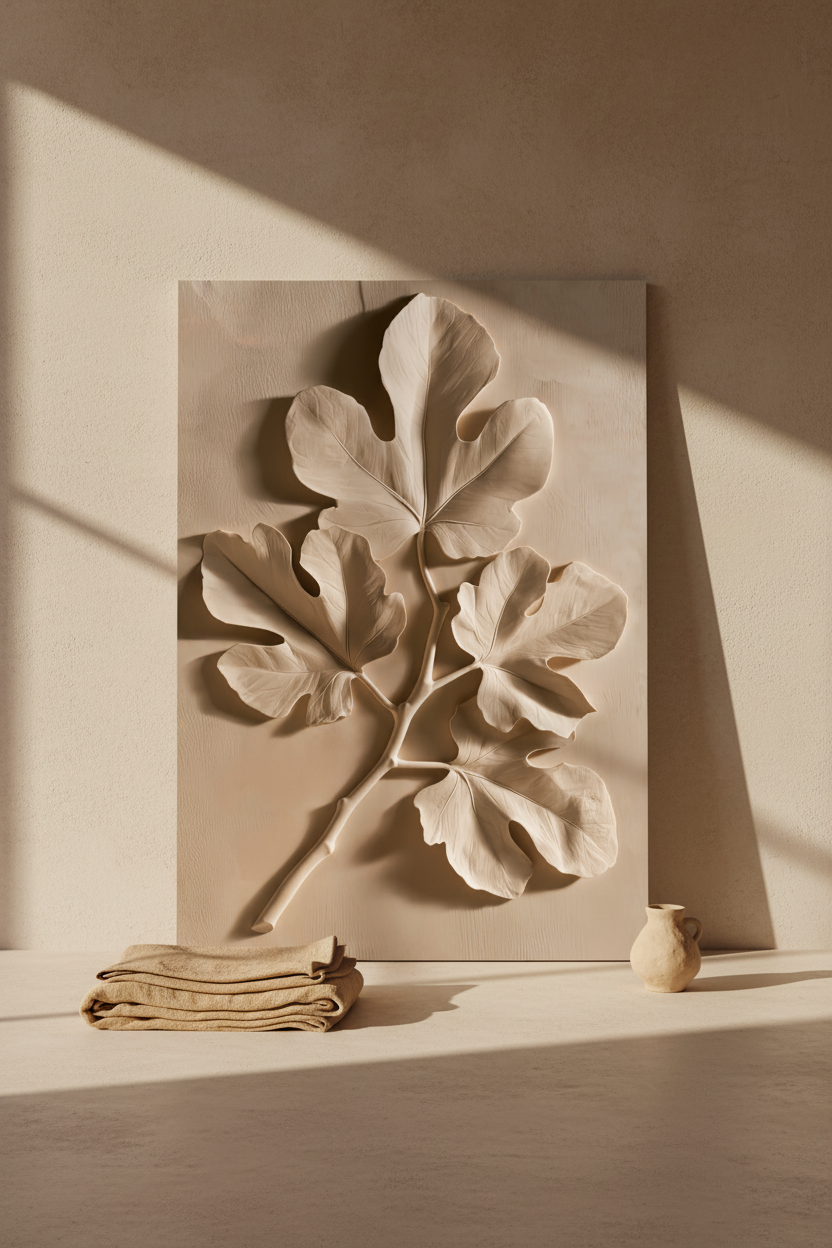 Affiche Le Figuier de Plâtre posée au sol contre un mur de plâtre, galets et lin — feuille de figuier sculptée à même un mur d'enduit sable