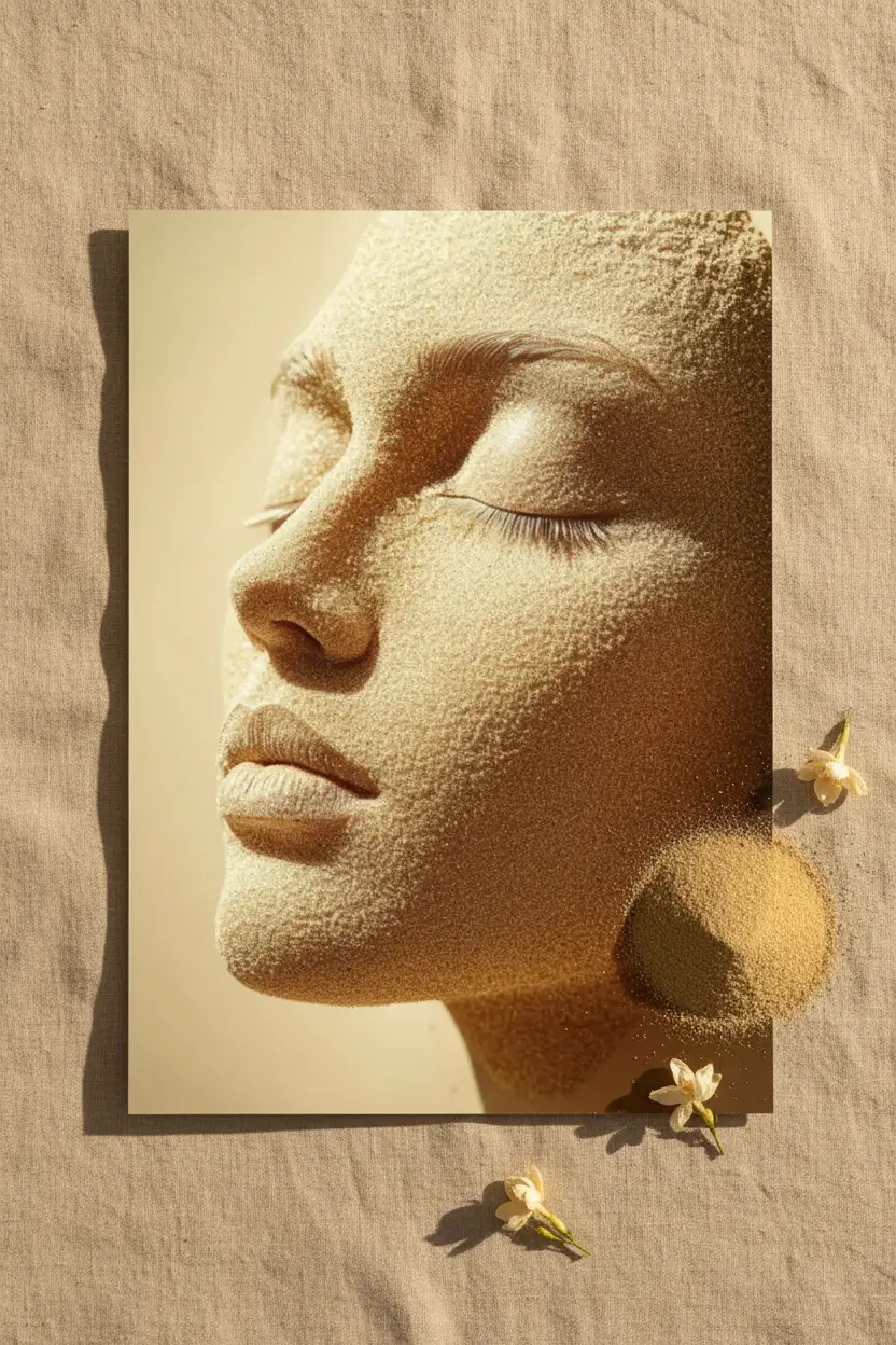 L'Ensablée – Minimalistisches Wandbild in Gold-Sand-Optik, abstraktes Gesicht