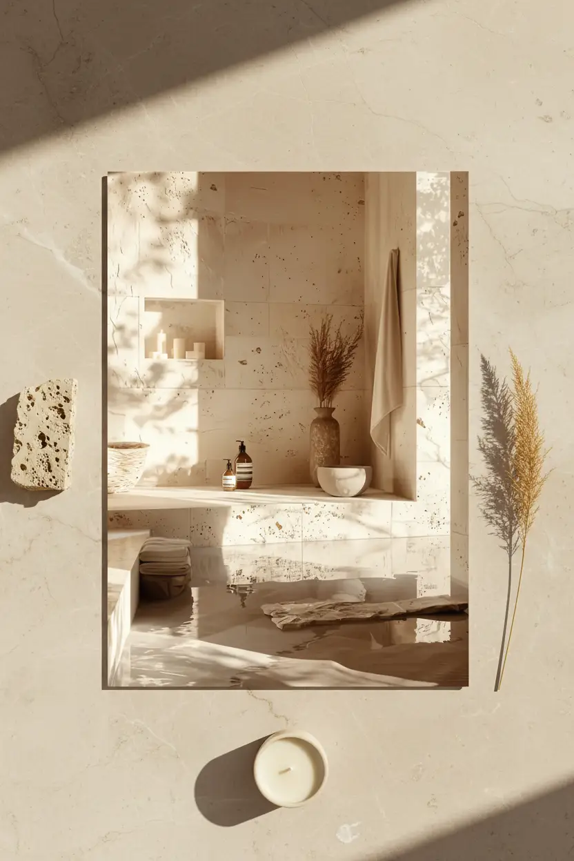 Le Hammam de Travertin — Affiche murale minimaliste salle de bain travertin eau ombres feuillage architecture, affiche murale minimaliste avec cadre bois, décoration murale salon ou chambre, style méditerranéen