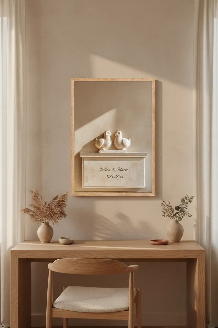 Les Colombes — Affiche murale personnalisable pierre méditerranéenne, affiche murale minimaliste avec cadre bois, décoration murale salon ou chambre, style méditerranéen