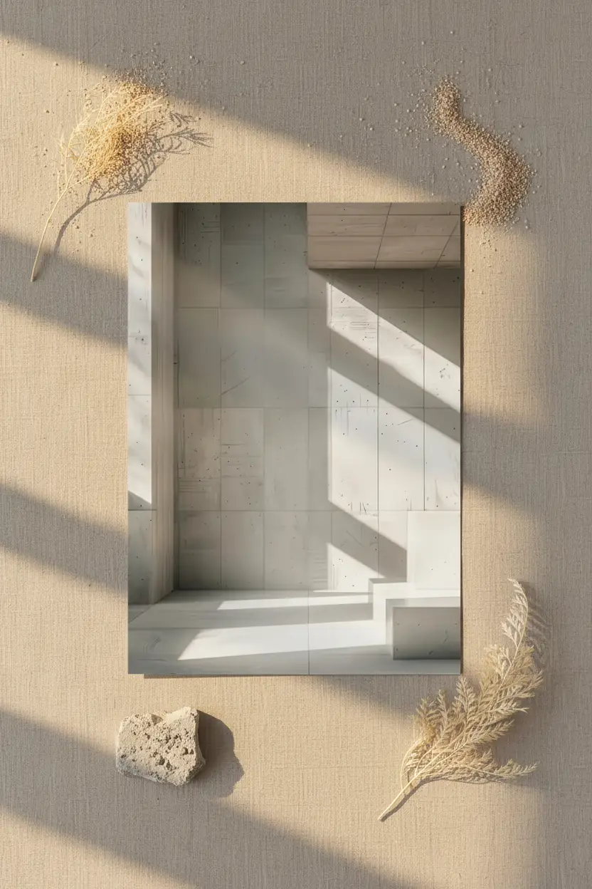 L’Angle de Béton — Affiche murale minimaliste béton brutaliste ombres géométriques architecture, affiche murale minimaliste avec cadre bois, décoration murale salon ou chambre, style méditerranéen