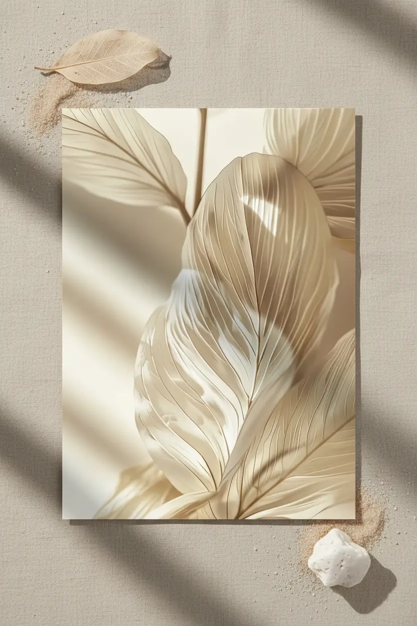 La Feuille Sculptée — Affiche murale minimaliste ivoire feuille ondulée texture sculptée, affiche murale minimaliste avec cadre bois, décoration murale salon ou chambre, style méditerranéen