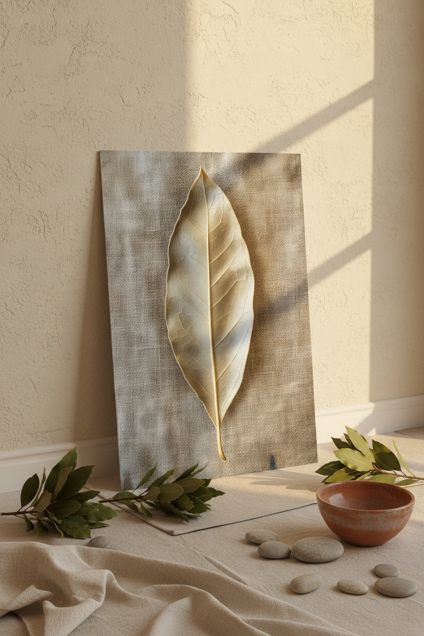 The Bay Leaf poster resting on the floor against a cream wall — dried bay leaf on a jute ground