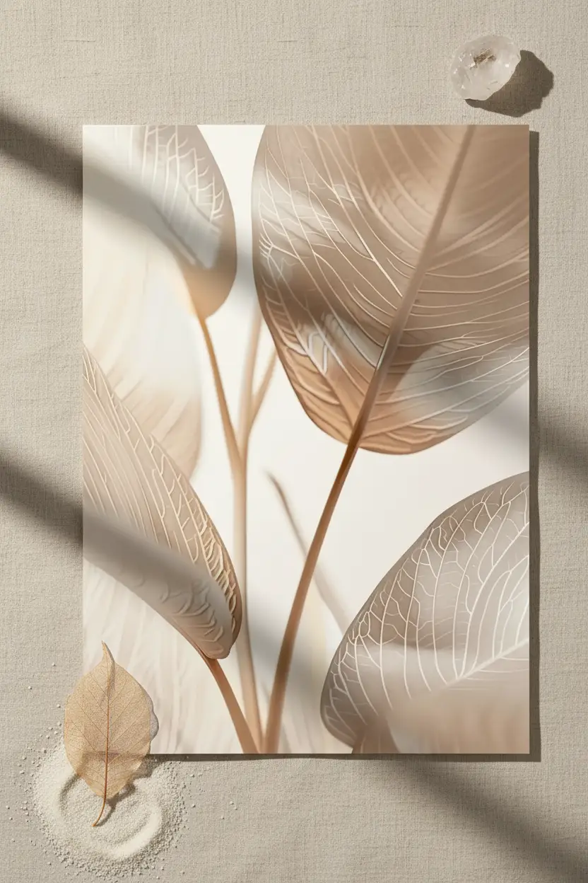 Les Feuilles d’Ivoire — Affiche murale minimaliste sable champagne végétal translucide, affiche murale minimaliste avec cadre bois, décoration murale salon ou chambre, style méditerranéen
