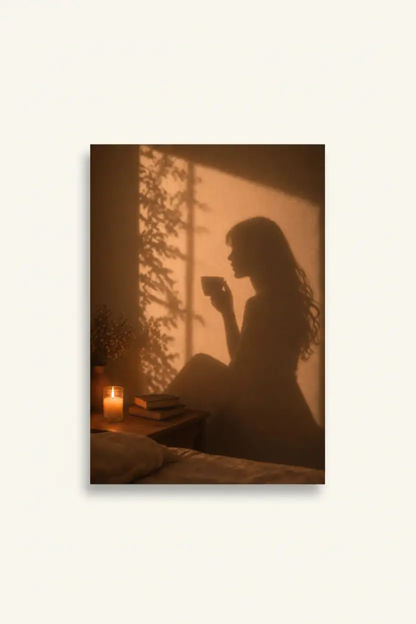 La Tasse du Soir — Affiche murale minimaliste silhouette féminine lumière dorée, affiche murale minimaliste avec cadre bois, décoration murale salon ou chambre, style méditerranéen