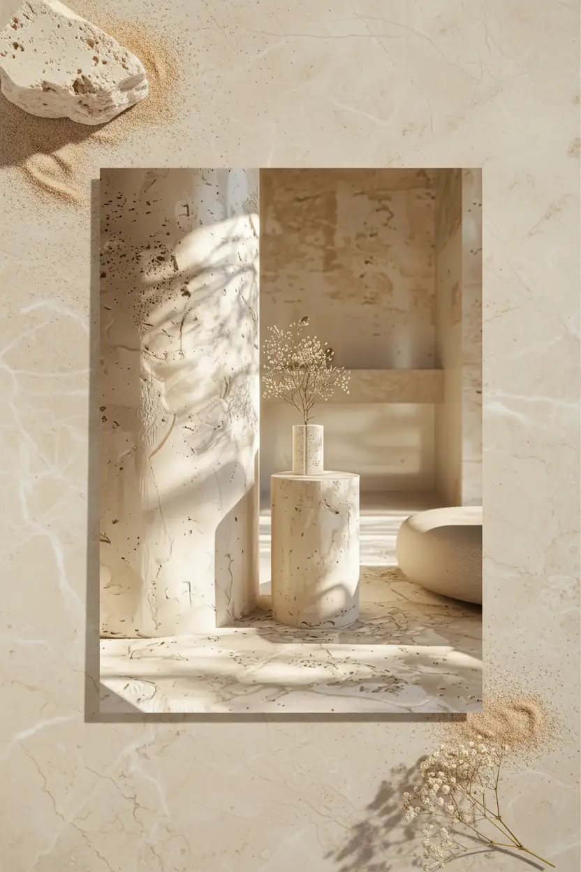Le Sanctuaire de Pierre — Affiche murale minimaliste travertin colonne architecture ivoire, affiche murale minimaliste avec cadre bois, décoration murale salon ou chambre, style méditerranéen