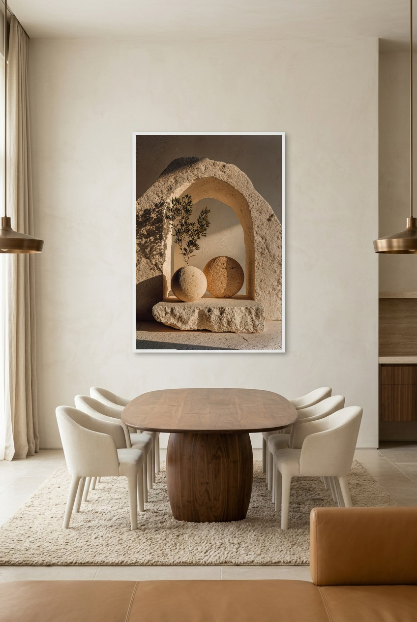 Les Sphères sous la Voûte — poster in witte lijst in een eetkamer