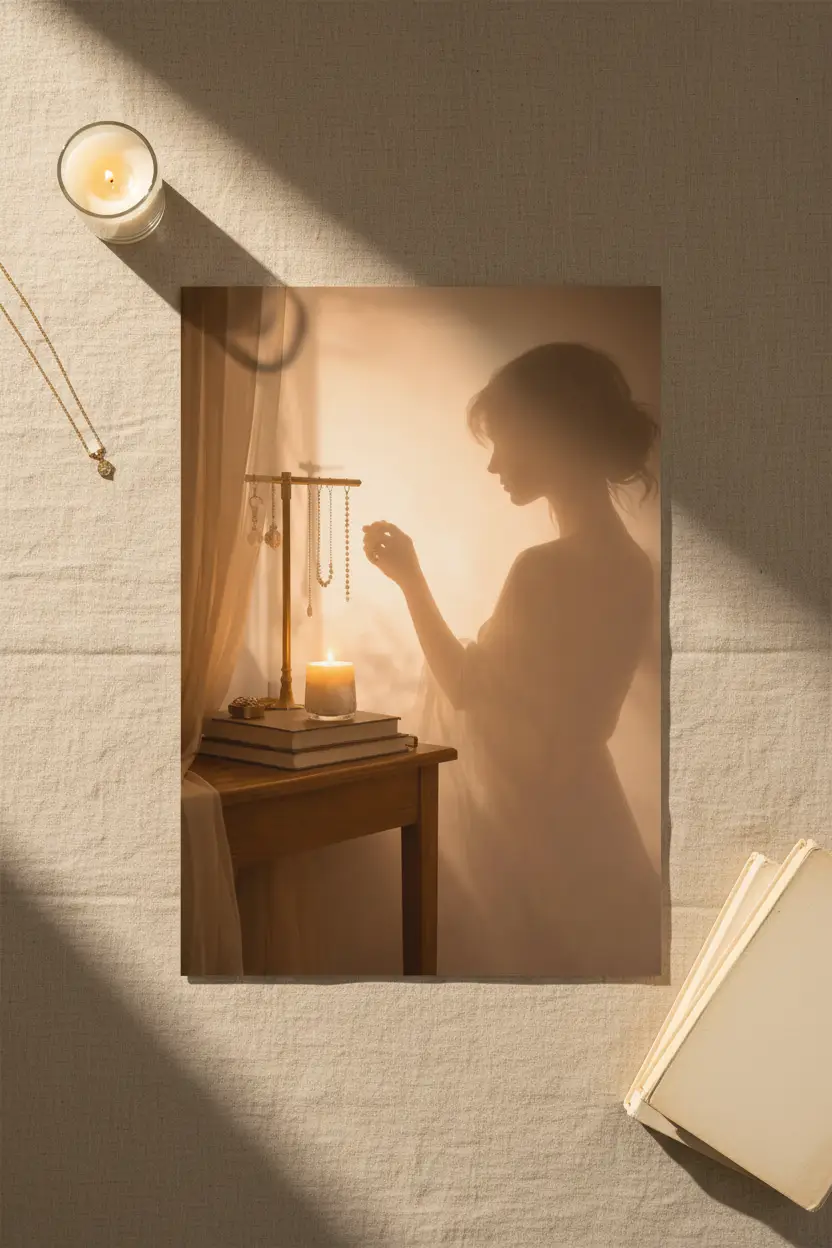 La Parure — Affiche murale minimaliste silhouette féminine lumière dorée, affiche murale minimaliste avec cadre bois, décoration murale salon ou chambre, style méditerranéen