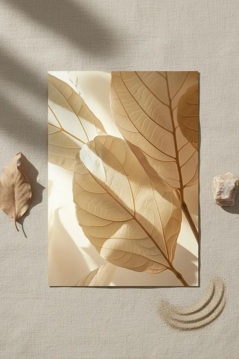 L’Ombre des Feuilles — Affiche murale minimaliste beige sable feuilles ombres dorées, affiche murale minimaliste avec cadre bois, décoration murale salon ou chambre, style méditerranéen