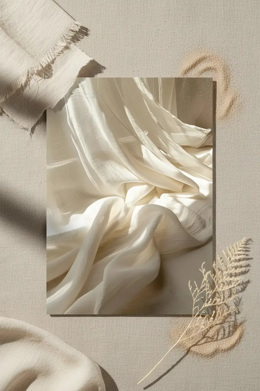 Le Lin Draпé — Affiche murale minimaliste macro tissu lin ivoire drapé vagues fluides texture abstrait, affiche murale minimaliste avec cadre bois, décoration murale salon ou chambre, style méditerranéen