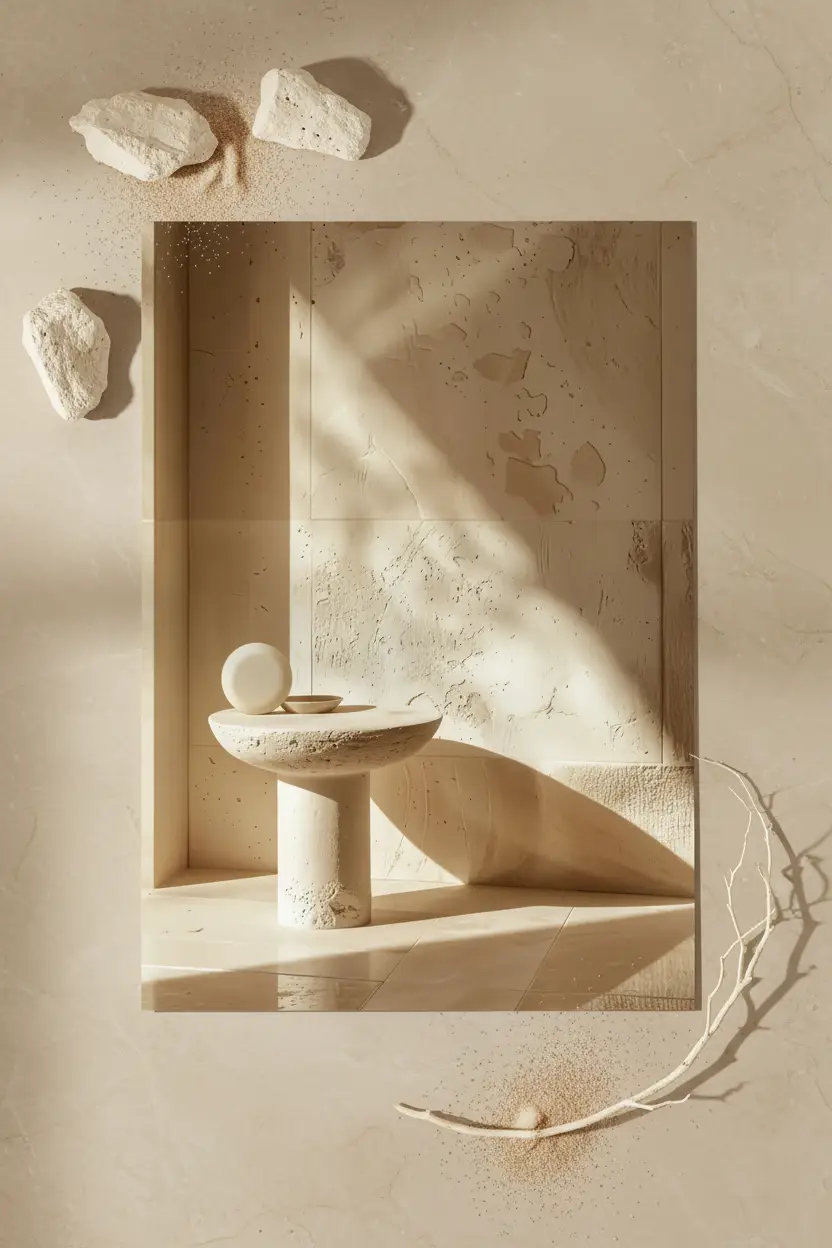 L’Autel de Pierre — Affiche murale minimaliste travertin table sculpturale sphère ivoire minéral, affiche murale minimaliste avec cadre bois, décoration murale salon ou chambre, style méditerranéen