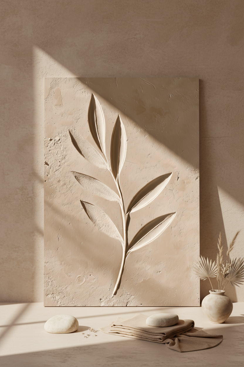 Affiche Le Rameau Gravé posée au sol contre un mur de plâtre, galets et lin — rameau d'olivier gravé dans l'enduit sable d'un mur