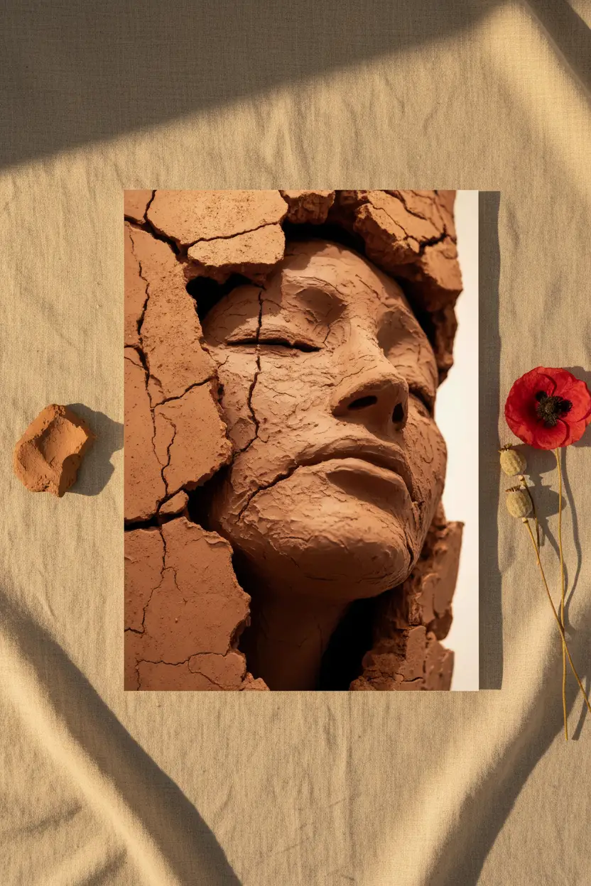 La Femme de Terre — Affiche murale minimaliste terracotta brun visage féminin argile abstrait — affiche murale minimaliste | Cassili-home