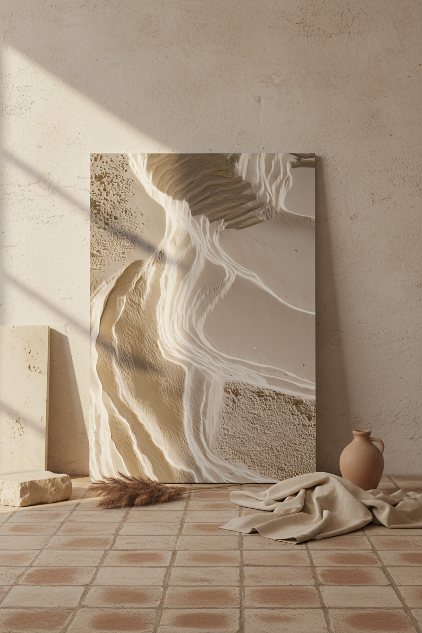 Affiche L'Escarpement Blanc posée au sol contre un mur de plâtre, galets et lin — strates de plâtre blanc séparées par une ligne d'ombre