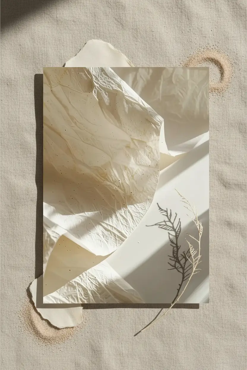 Le Papier Froissé — Affiche murale minimaliste macro texture papier japonais washi ivoire abstrait, affiche murale minimaliste avec cadre bois, décoration murale salon ou chambre, style méditerranéen