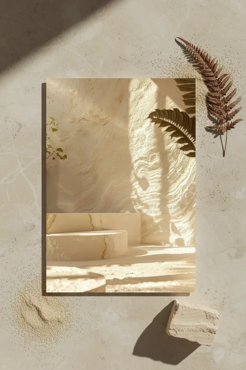 La Cour de Lumière — Affiche murale minimaliste travertin crépi sable ombre fougère méditerranéenne, affiche murale minimaliste avec cadre bois, décoration murale salon ou chambre, style méditerranéen
