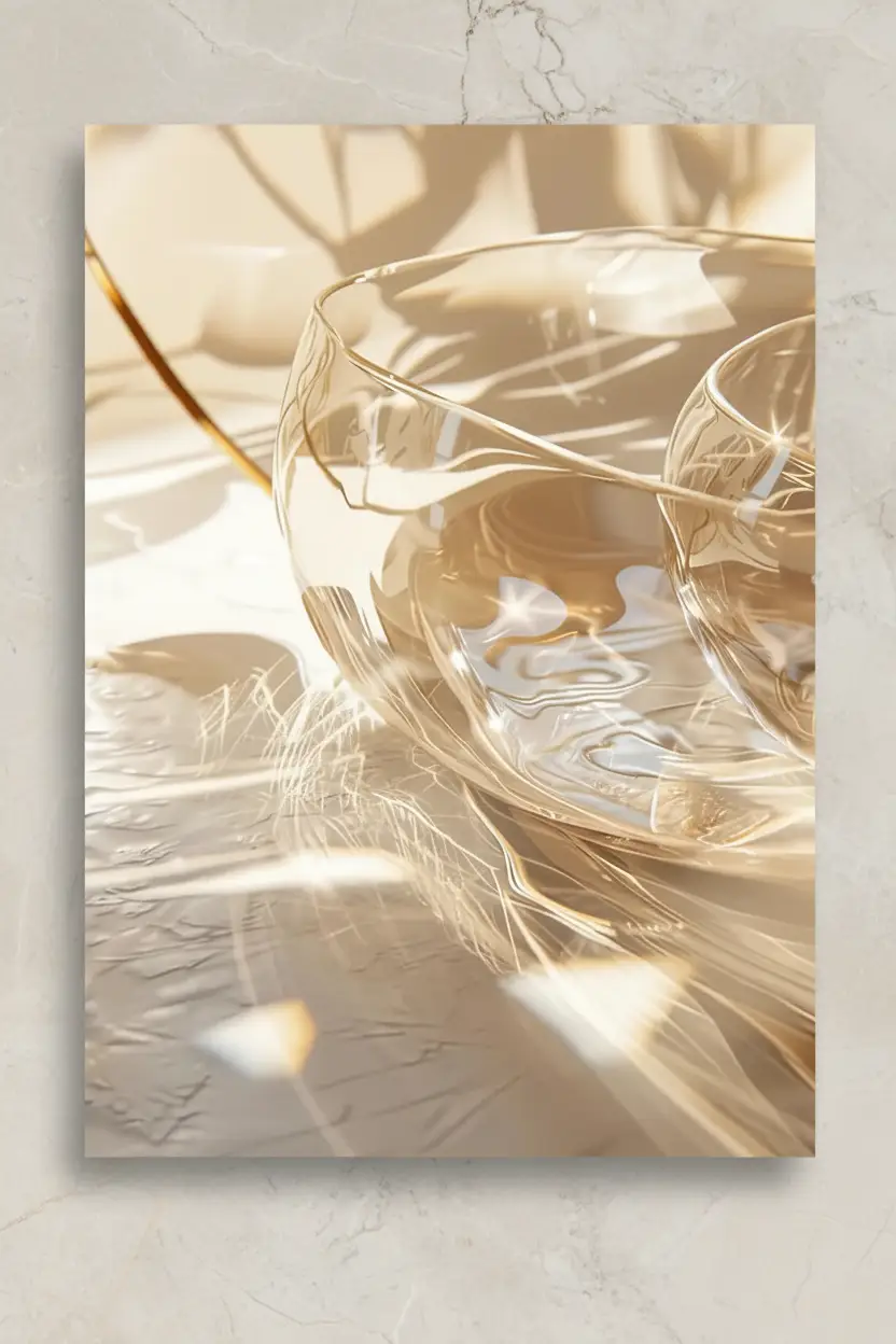 Le Prisme — Affiche murale minimaliste ivoire verre reflets prismatiques lumière, affiche murale minimaliste avec cadre bois, décoration murale salon ou chambre, style méditerranéen