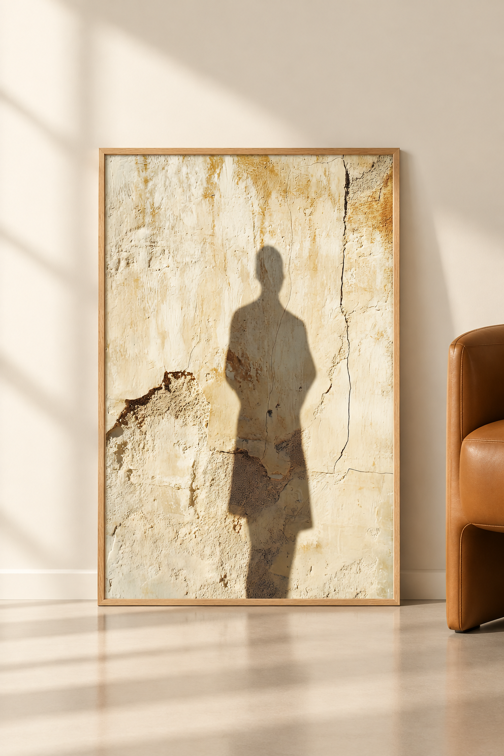 Poster Die Silhouette an der Kalkwand auf dem Boden, an eine Wand gelehnt