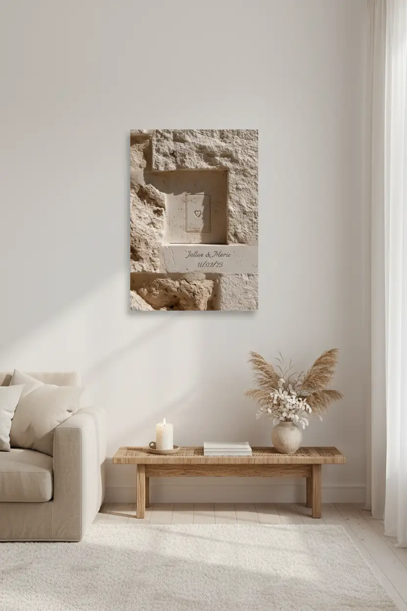 Gravé dans la Pierre, affiche murale minimaliste avec cadre bois, décoration murale salon ou chambre, style méditerranéen