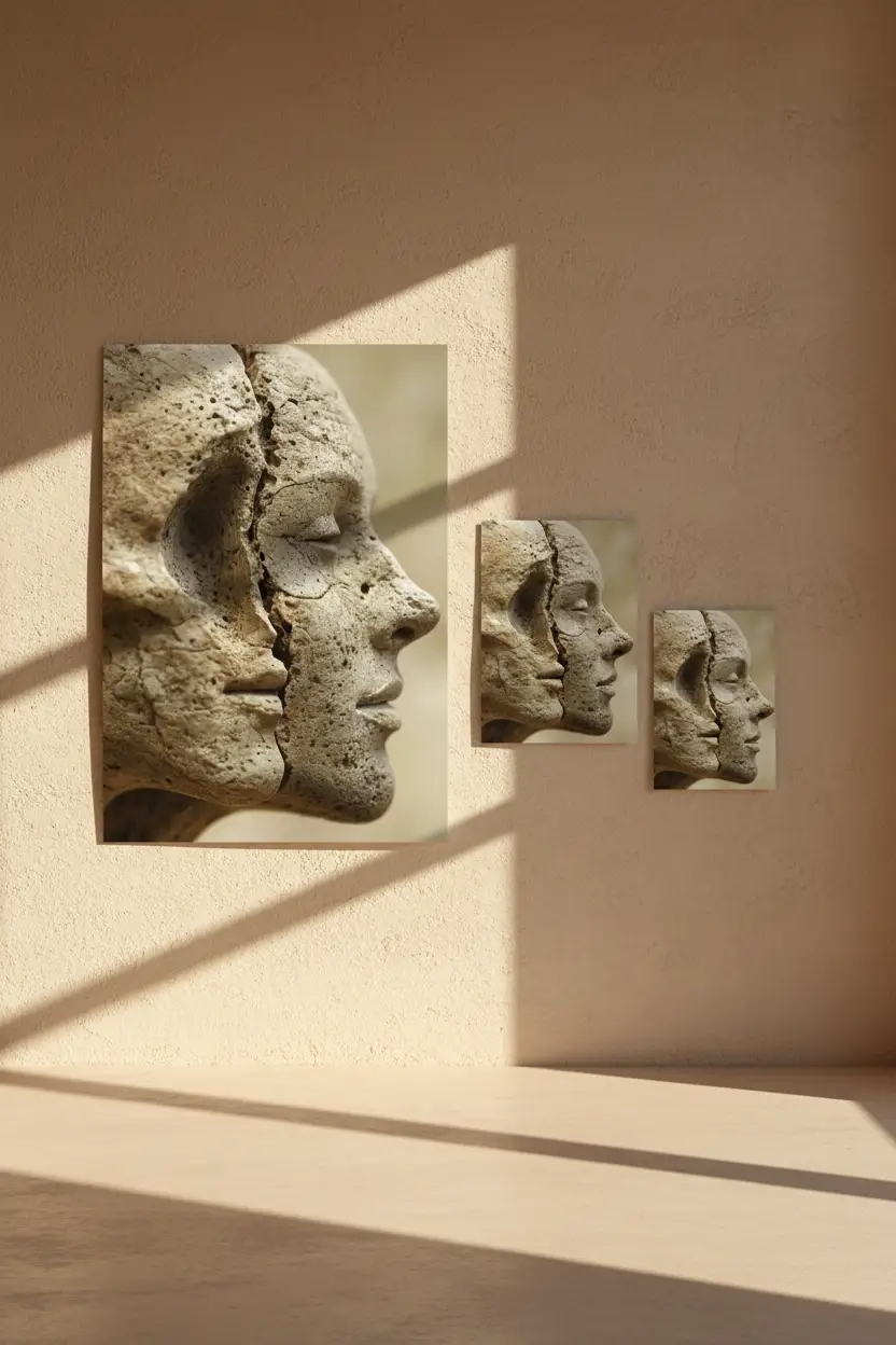 Fracture — Affiche murale minimaliste beige sable visages pierre calcaire — affiche murale minimaliste | Cassili-home