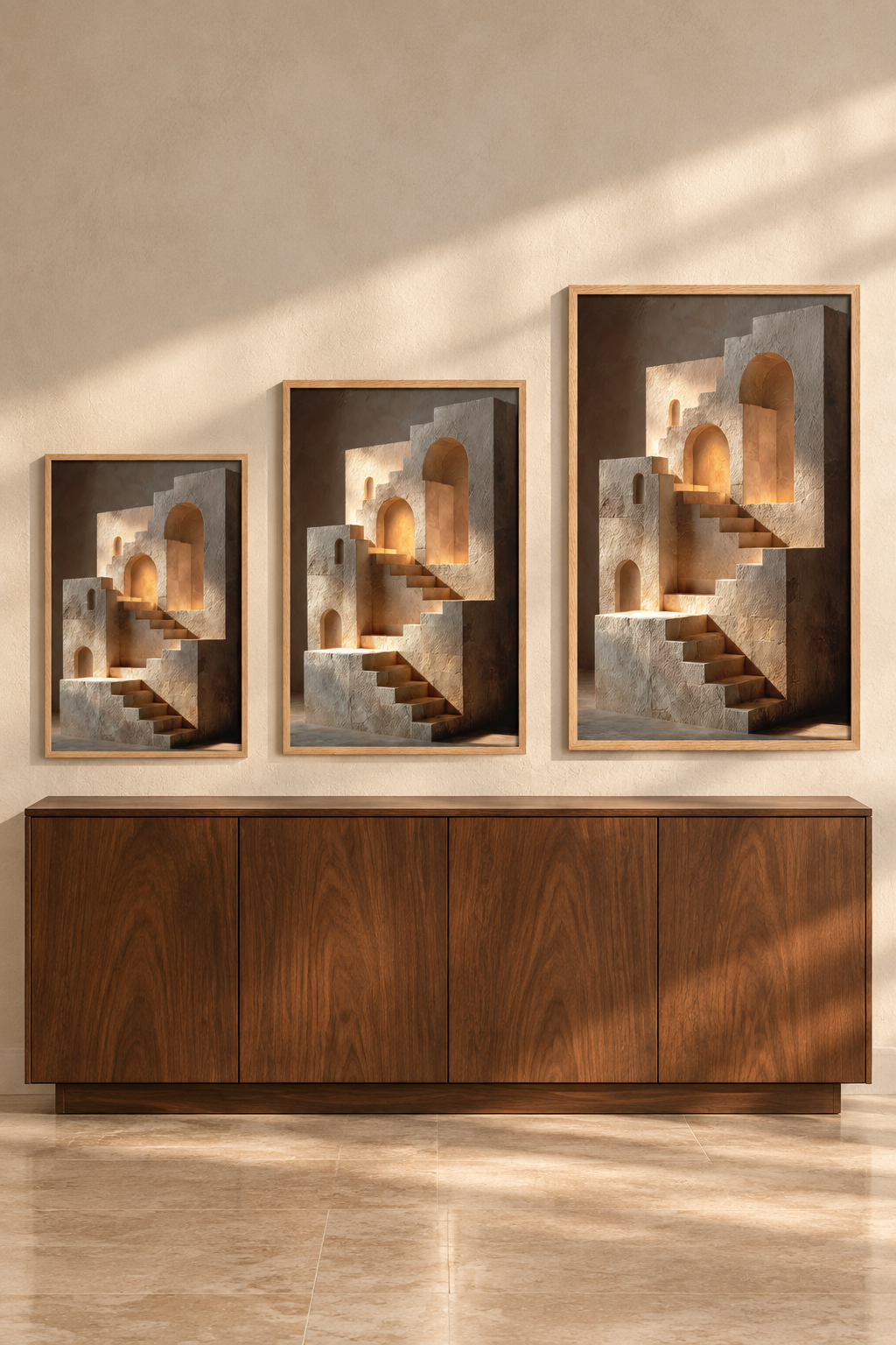 L’Escalier Impossible en trois formats sur un même mur
