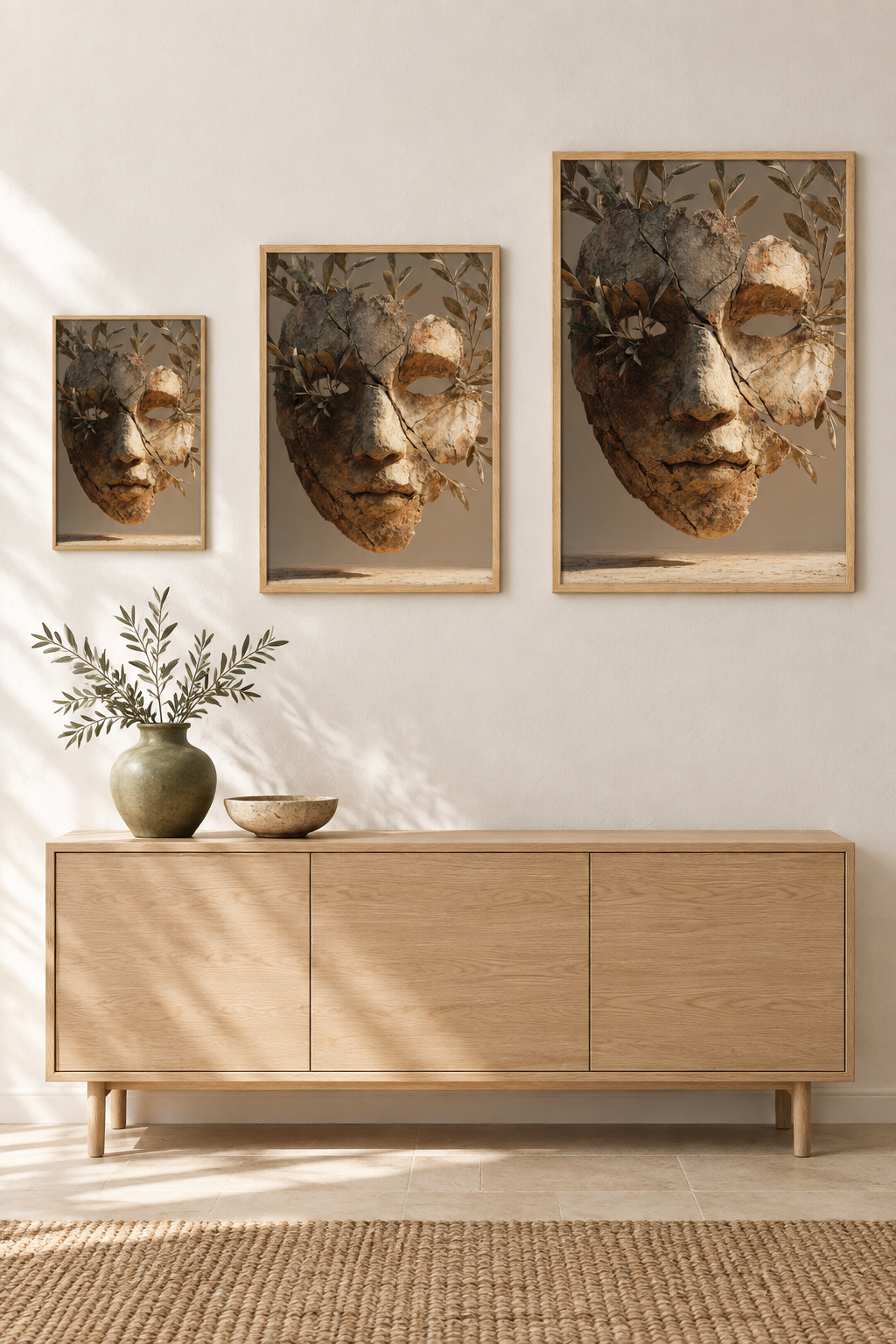 Het Gebroken Masker in drie formaten aan één muur