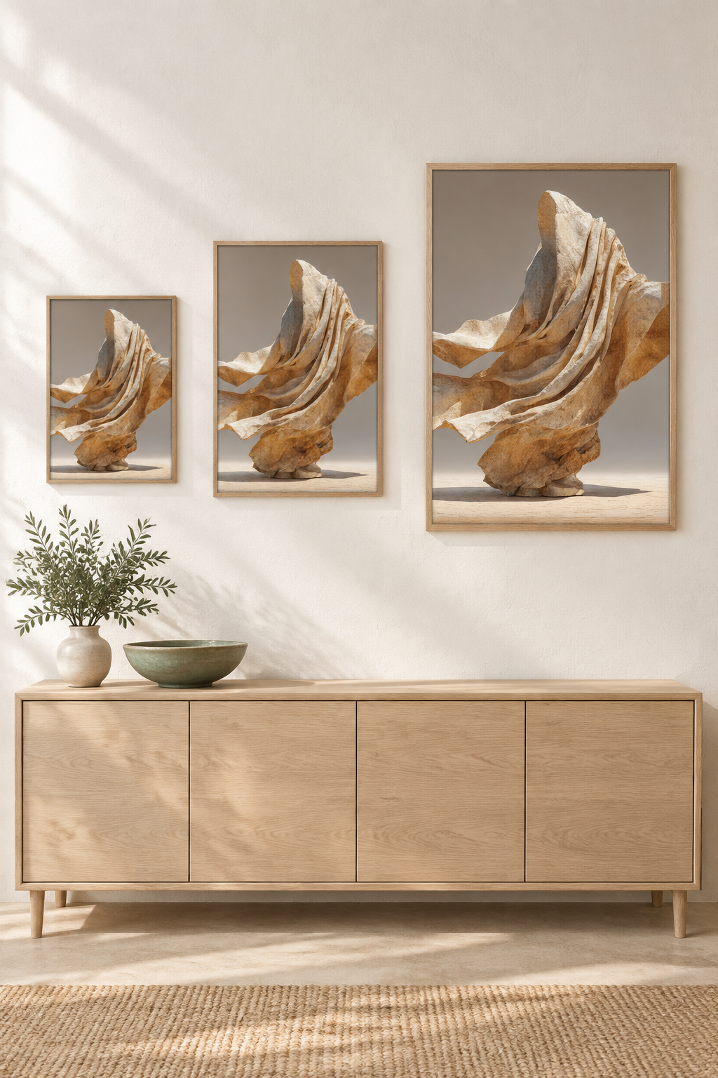The Drape in the Wind in three sizes on one wall