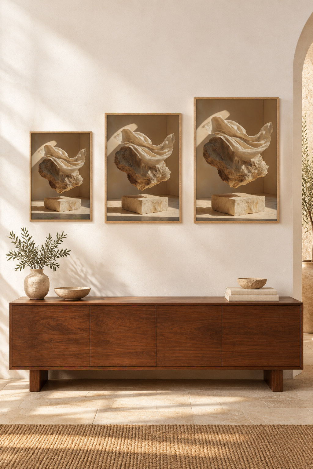 The Veiled Boulder in three sizes on one wall