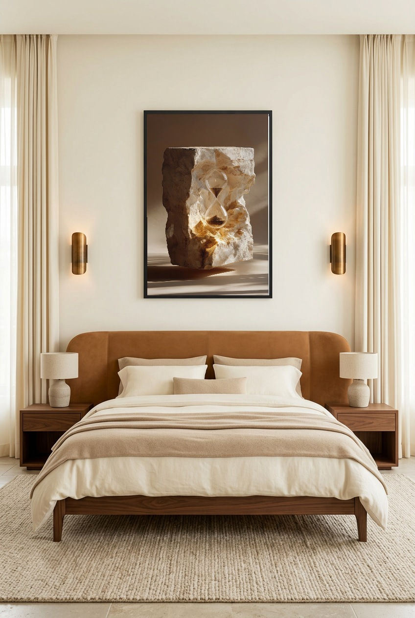 Le Sablier Enchâssé — poster in a black frame in a bedroom