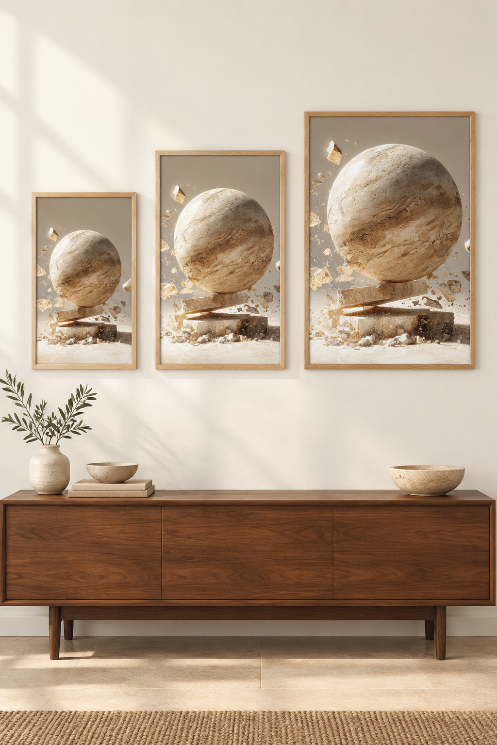 The Sphere and the Shard in three sizes on one wall