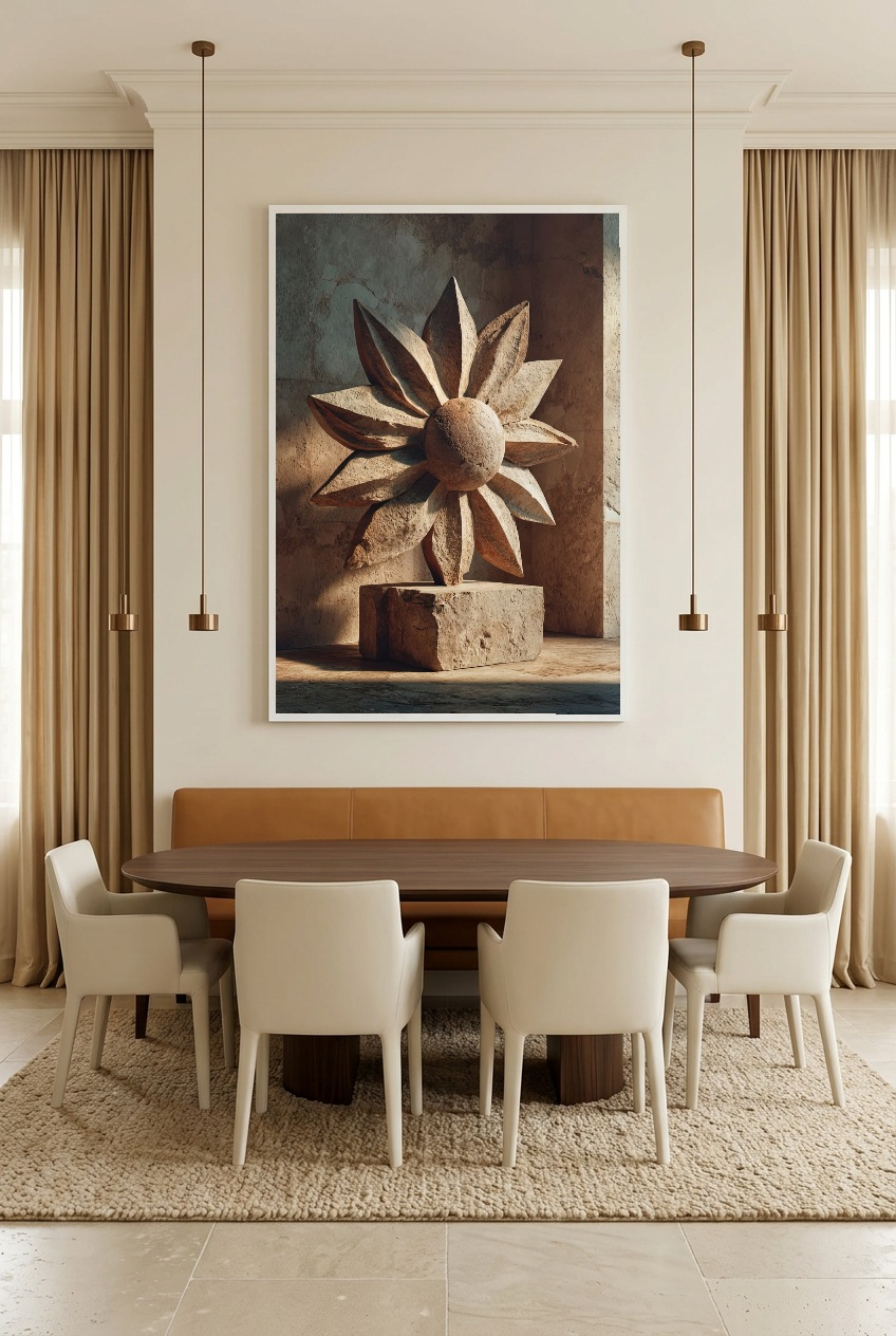 Le Soleil Sculpté — poster com moldura branca numa sala de jantar