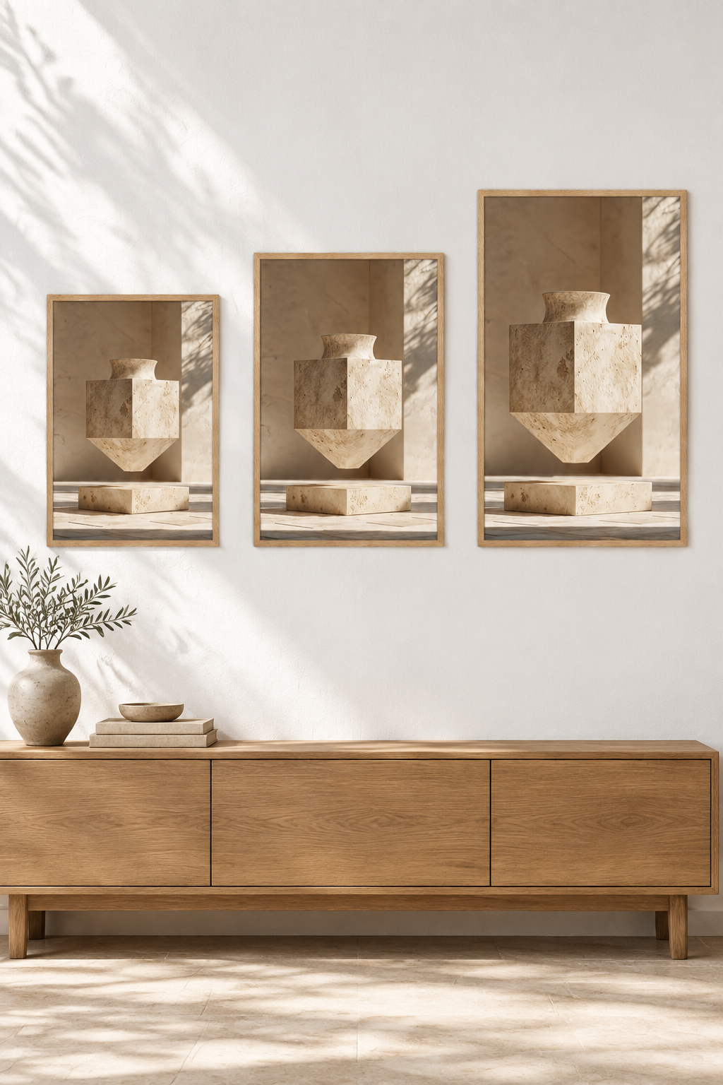 De Geometrische Urn in drie formaten aan één muur