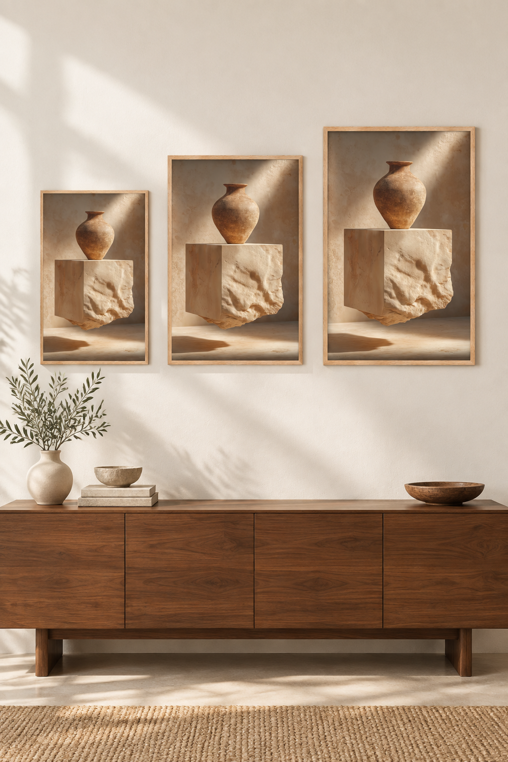 The Vase on the Rough Block in three sizes on one wall