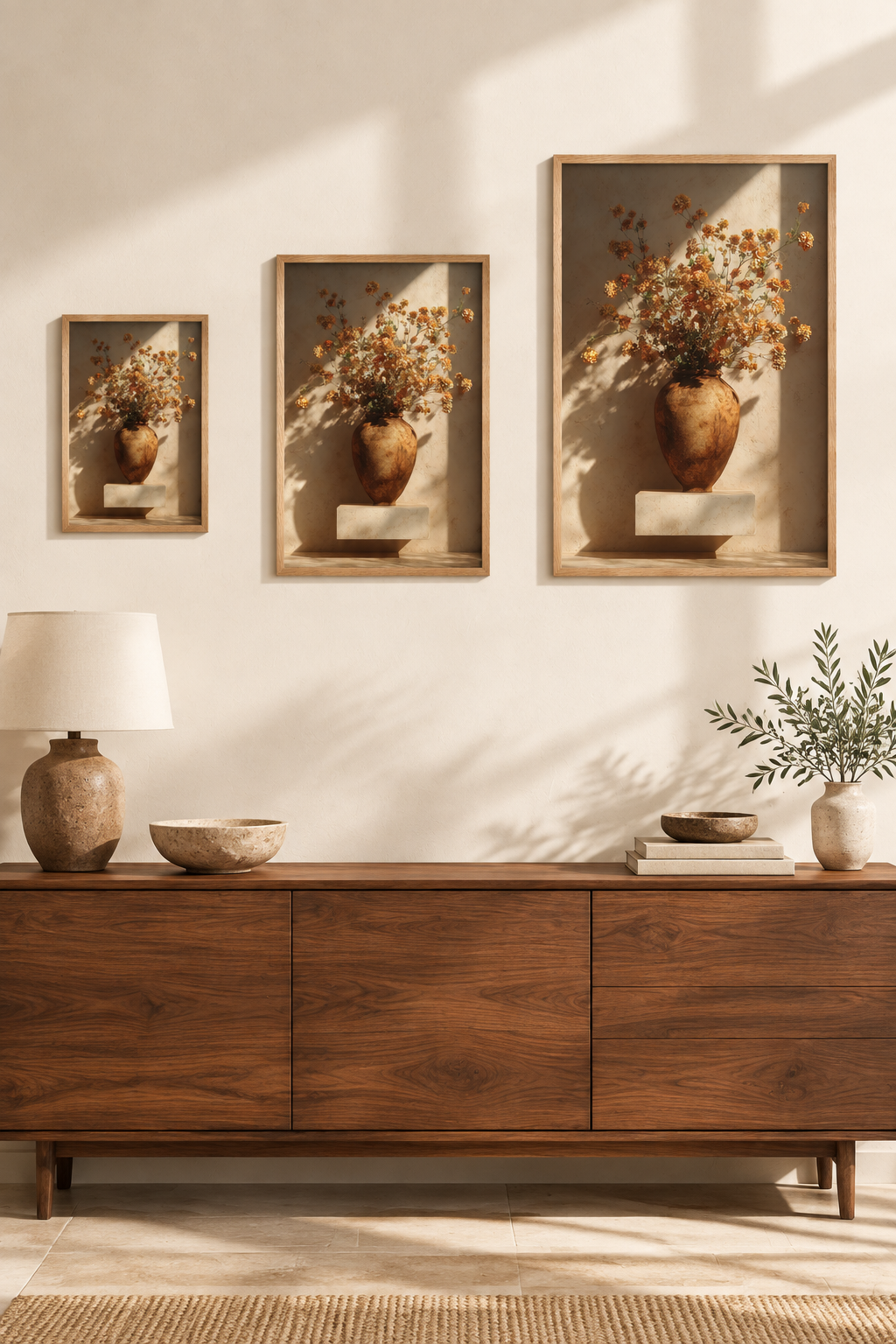 The Ochre Bouquet in three sizes on one wall